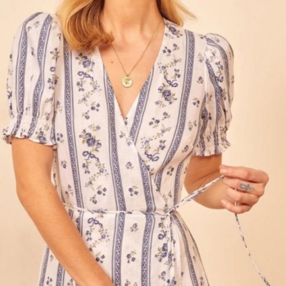 NWOT Reformation Veronika Wrap Dress Roquefort Print 100% Linen Sz 4 - Picture 3 of 8
